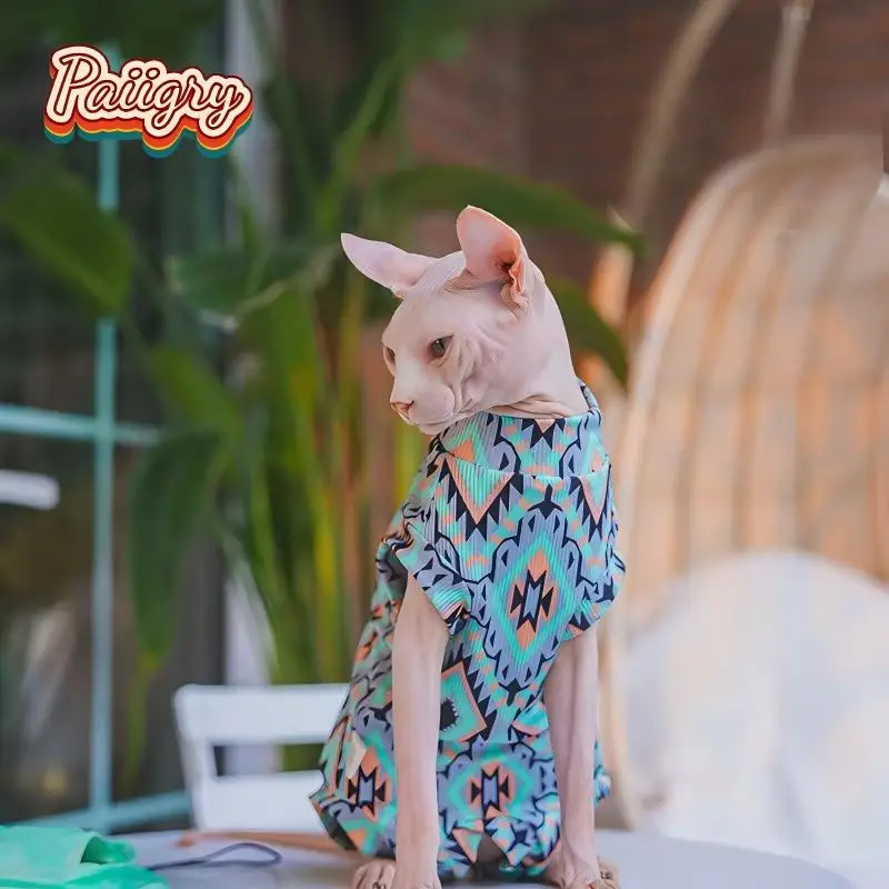 민족 스타일 다이아몬드 체크 무늬 애완 고양이 4족 옷은 신축성이 뛰어나고 부드럽고 편안하며 데본 고양이 털이 없습니다.