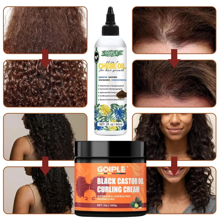 GOIPLE 200g Black Castor Oil Curl Cream Styling Curls Defining Cream Chebe Oil for Hair Growth Strengthen Regrowth Essential