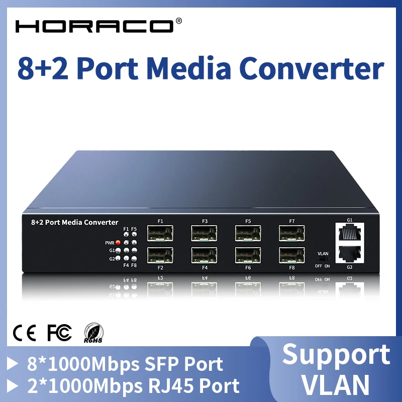 HORACO Gigabit Media Converter 8 SFP Port 2 Rj45 Port 1000Mbps Optical Fiber Switch for ip Camera UTP Fiber Optical switch fiber optical media converter
