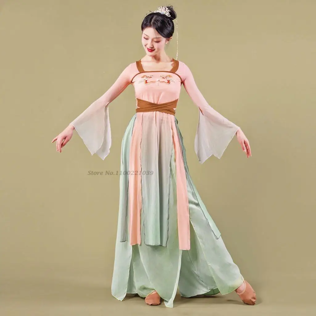 

2024 women traditional dance costume stage performance hanfu national chinese vintage hanfu dress+pants set retro chiffon dress