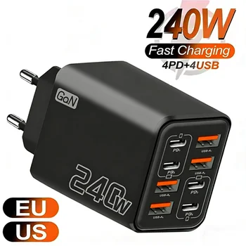 Caricatore USB C GaN da 240W 8 in 1, caricatore rapido per telefono, adattatore di alimentazione per iPhone, Samsung, Xiaomi, tipo C, con spina EU/US, caricatore da parete.