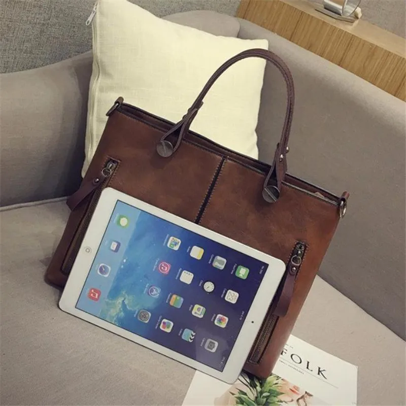 Retro leather handbag with two zipper pockets, versatile tote and crossbody style, classic women’s work and business bag. 4589