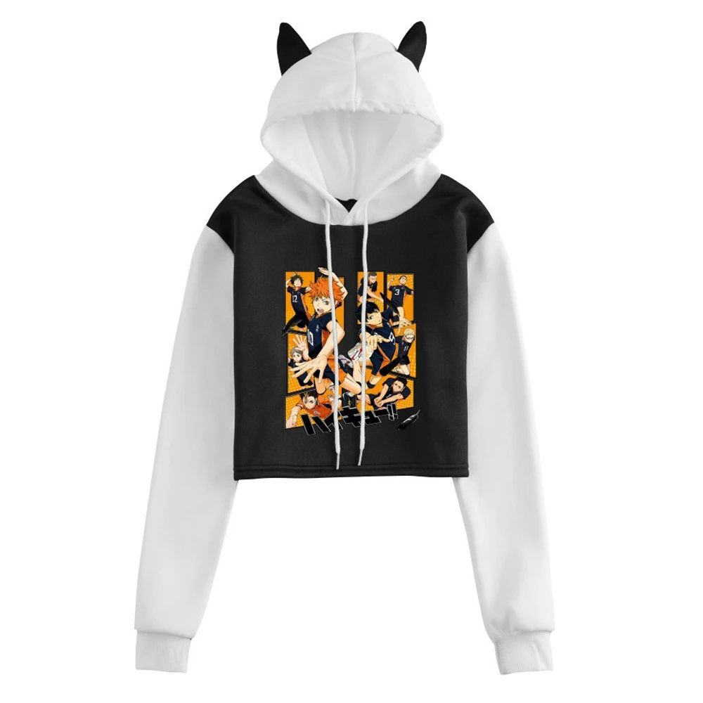 

Anime Haikyuu Loose Hoodie Pullover Sweatshirt Girls Midriff Baring Cat Ears Hooded Sweater Cartoon Print Casual Coat Costumes