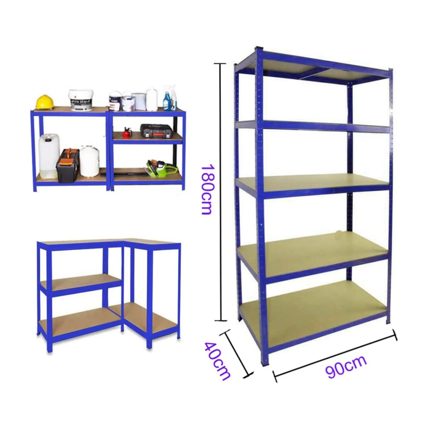 Fully stocked blue shelving unit in a well-organized indoor space