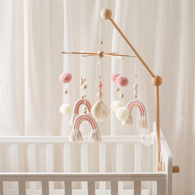 Baby Wooden Boho Rainbow Bed Bell Rattles Toys Hanging Pendant Newborn Toys Mobile Crib Bracket Montessori Toys Baby Birth Gift
