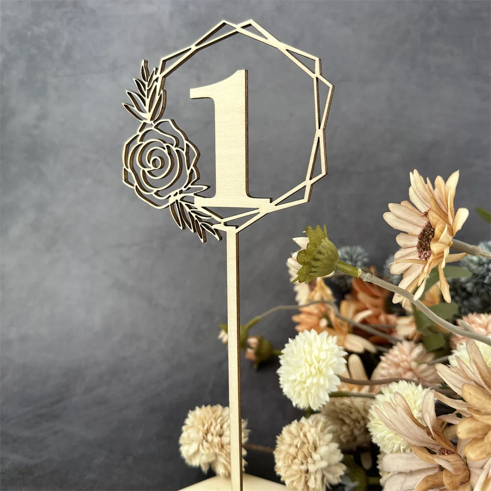 10pcs Wooden Table Number Rustic Wedding Engagement Hexagonal Number Signs With Base Birthday Event Party Decoration Supplies