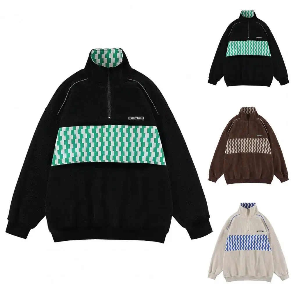 Description Picture 3 of itemFall Spring Men Sweatshirt Retro Zipper Stand Collar Long Sleeve Men Pullover Color Matching Checkerboard Elastic Cuff Men Top