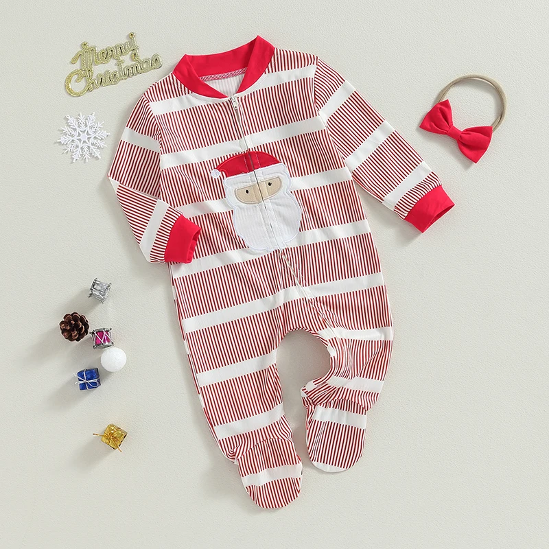 Infant Girls Christmas Rompers with Reindeer Print and Matching Headband Set for Winter Holiday Season Outfits