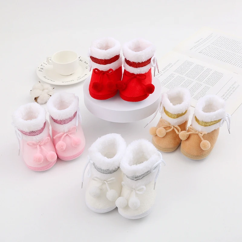 Suefunskry Baby Cute Thick Plush Boots Infant Girls Bobbles Bow Antiscivolo Soft Sole First Walker Winter Warm Flat Shoes
