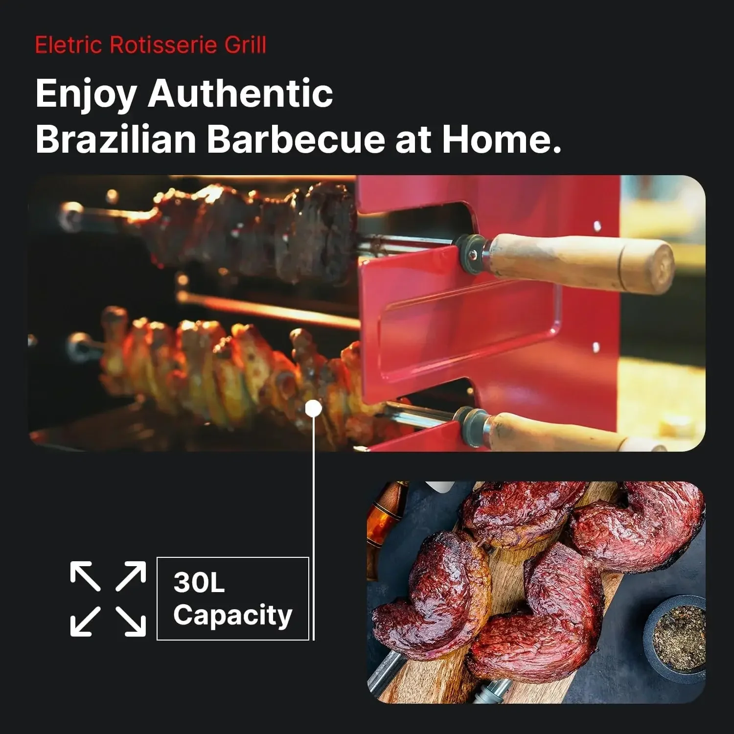 Flame Rotisserie Grill Roaster with 2 Auto Rotating Indoor Skewers for Rotisserie Chicken, Steak, Fish, Brazilian Style BBQ, Ele 2