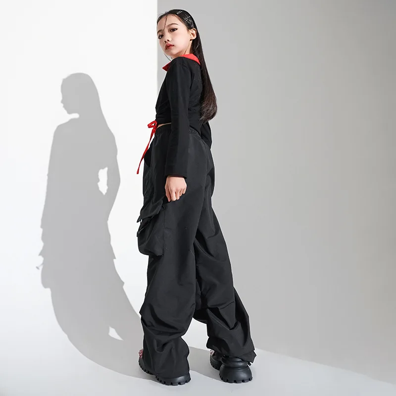 

Костюм для джазовых танцев детский, короткий топ с длинным рукавом, черные брюки-карго, одежда для тренировок в стиле хип-хоп, костюм для выступлений и уличных танцев