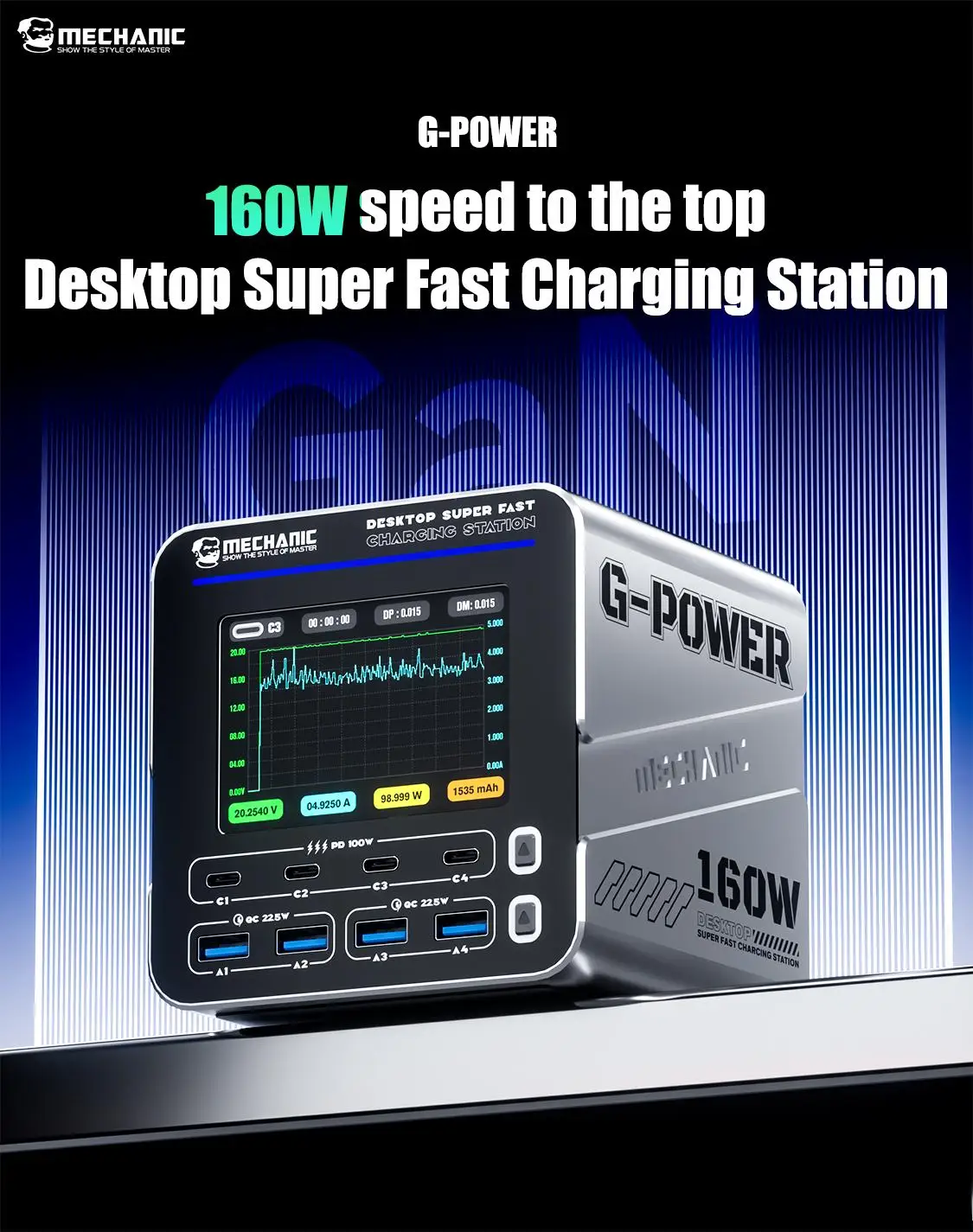 Mechanic G-POWER 160W 8-port GaN Desktop Charging Station with 15W Wireless Char