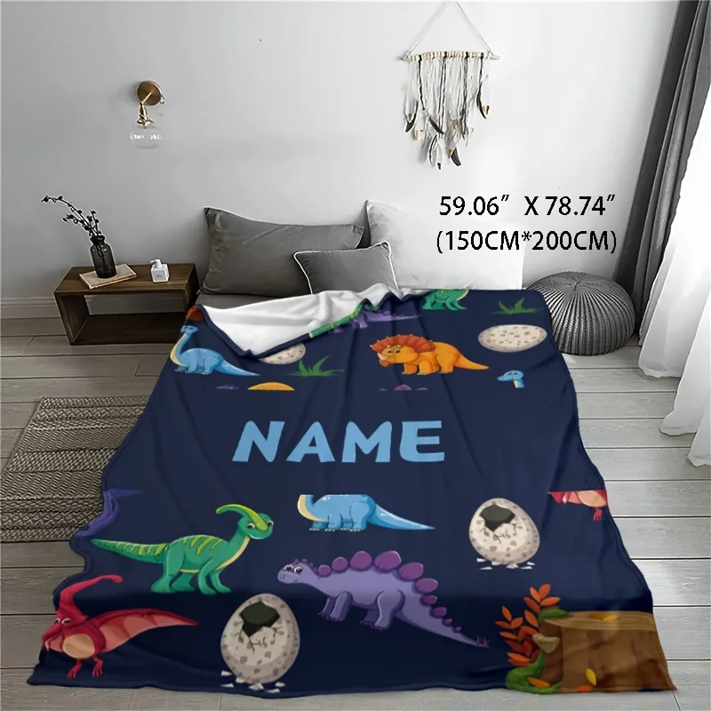 1pc Personalized Name Custom Dinosaur Pattern Blanket, Soft Plush Throw, Customizable Decor, Ideal For Bedroom And Playroom 2
