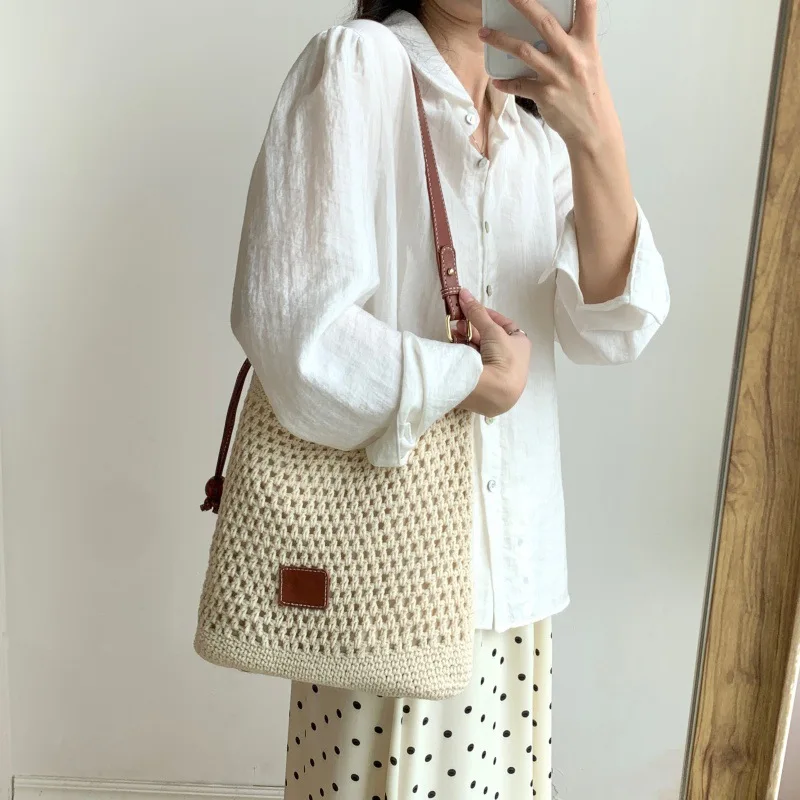 Beach Summer Bag for Women Mesh Woven Shoulder Bag Adjustable Strap Handbag Large Capacity Tote Bag for Travel Vacation