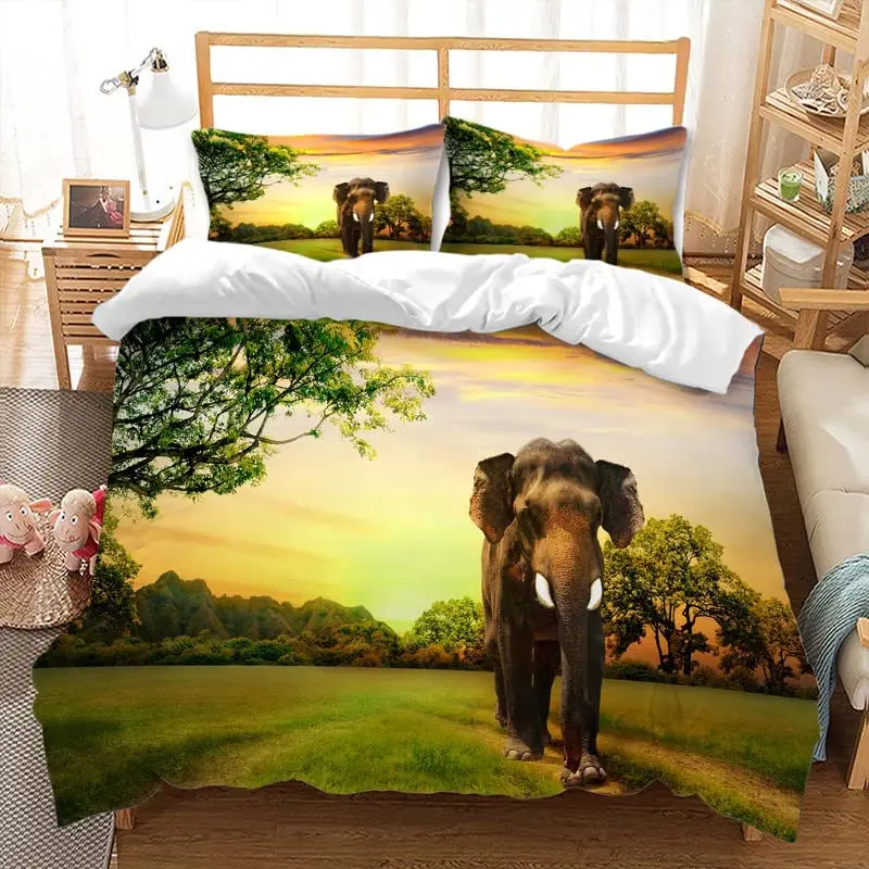 

Cute Elephant Duvet Cover Set Green Grass Bohemian Elephant Bedding Set Microfiber Safari Animals Comforter Cover Twin King Size