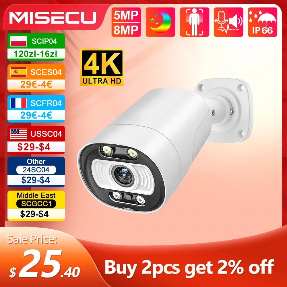 MISECU H.265 4K Ai POE Camera 5MP 8MP Two-way communication Human Detect Outdoor Camera For CCTV System Surveillance System