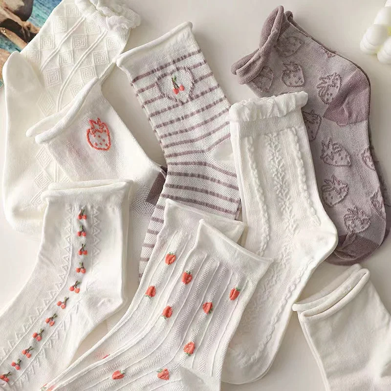 

5 Pairs Lolita Socks White Lace Socks Middle Tube Japanese College Style Princess Socks Sweet JK Streetwear Hosiery