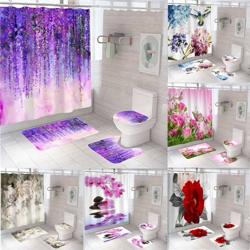 

Flower Series Digital Printing Home Decor Bathroom Toilet Cover Sets Waterproof Shower Curtain Mats Carpet Rugs Suits