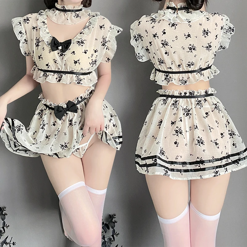 

Cosplay Maid Uniform Sexy Lingerie Black Bow Perspective Mini Dress Lolita Hot Babydoll Porn Skirt Erotic Role Play Costume Suit