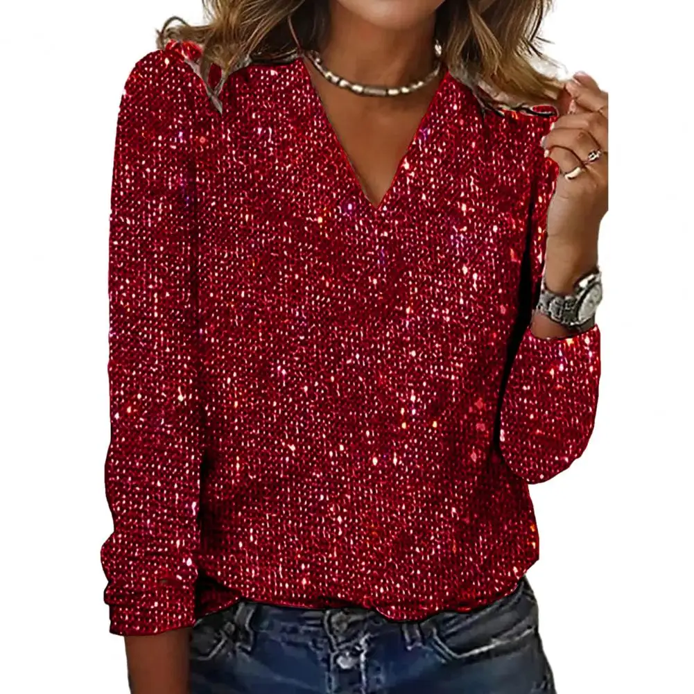 

Women Top Shiny Sequin V Neck Long Sleeve Loose Soft Pullover Pure Color Breathable Daily Commute Club Party Lady Blouse Shirt