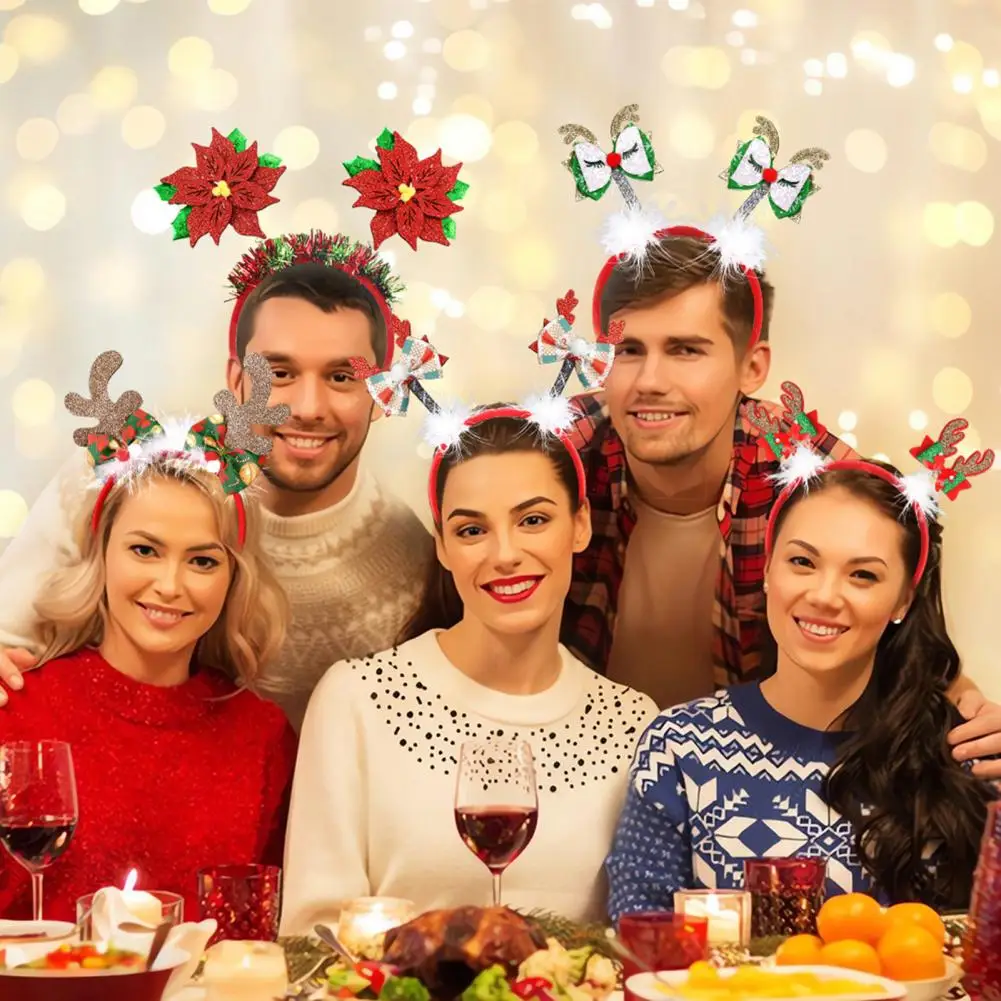 1Pc Christmas Headbands for Parties Photos Snowman Reindeer Santa Hat Antlers Hair Hoop Plastic Festive Hair Accessory for Party