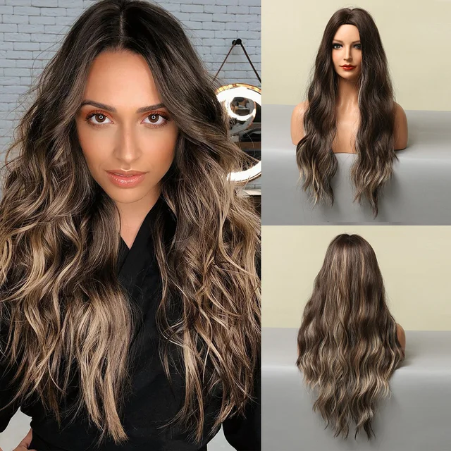GNIMEGIL Synthetic Long Curly Wigs for Women Ombre Blonde Wig with Bangs Costume Wig for Girls Sexy Blond Wigs with Dark Roots 804-7
