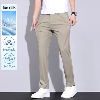 Summer Thin Men's Ice Silk Casual Pants High Elasticity Soft Cosy Business Straight Trousers High Quality Man Clothing Khaki