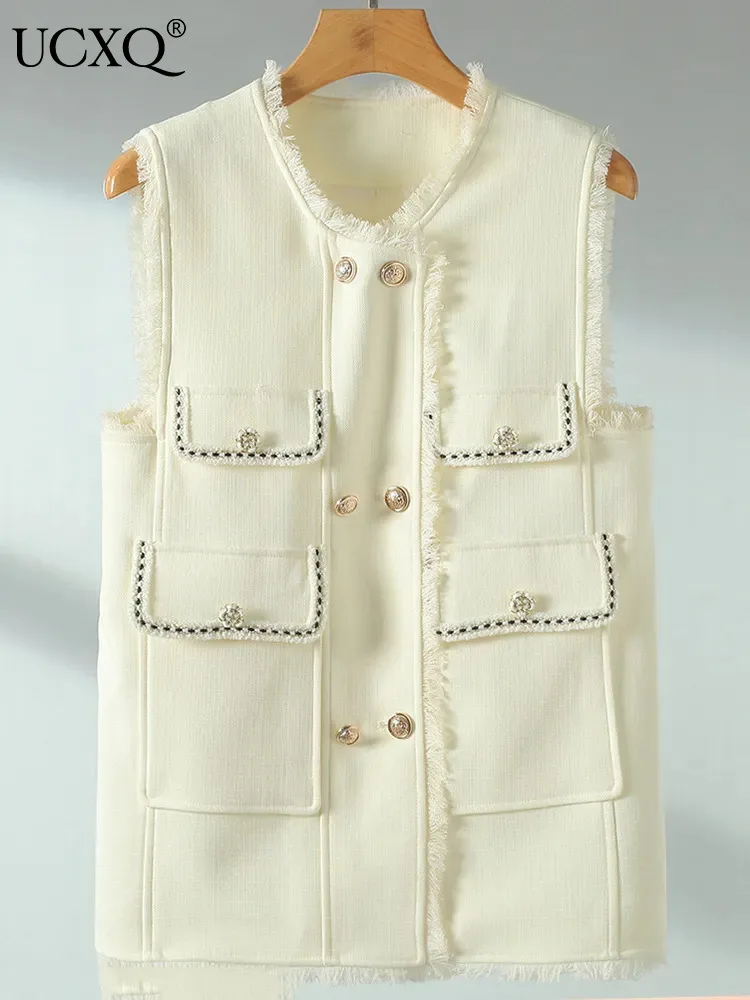 

UCXQ Korean Line Patchwork Pocket Pink Vest For Women Single Breasted Tassels Sleeveless Jacket 2023 Autumn Winter New 23A5079