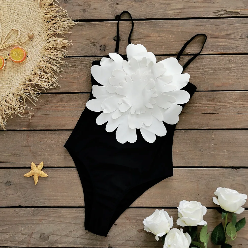 

Solid Color Spaghetti Straps One-Piece Swimsuit Women's Flower Swimsuit