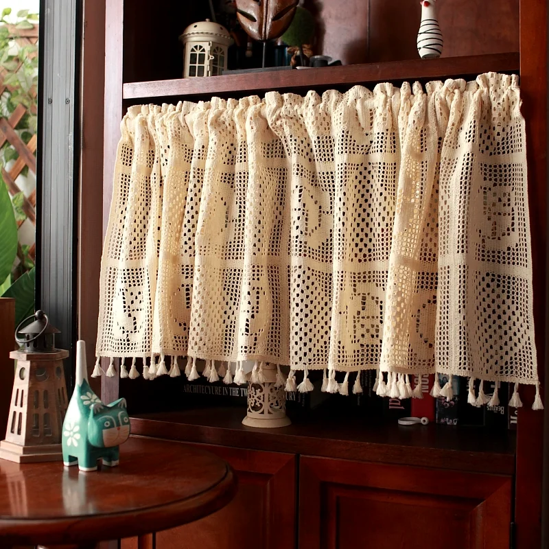 

1Pc Hollow Curtain Decoration For Living Room Crocheted Short Kitchen Curtains For Window Lattice Splice Curtains With Tassel
