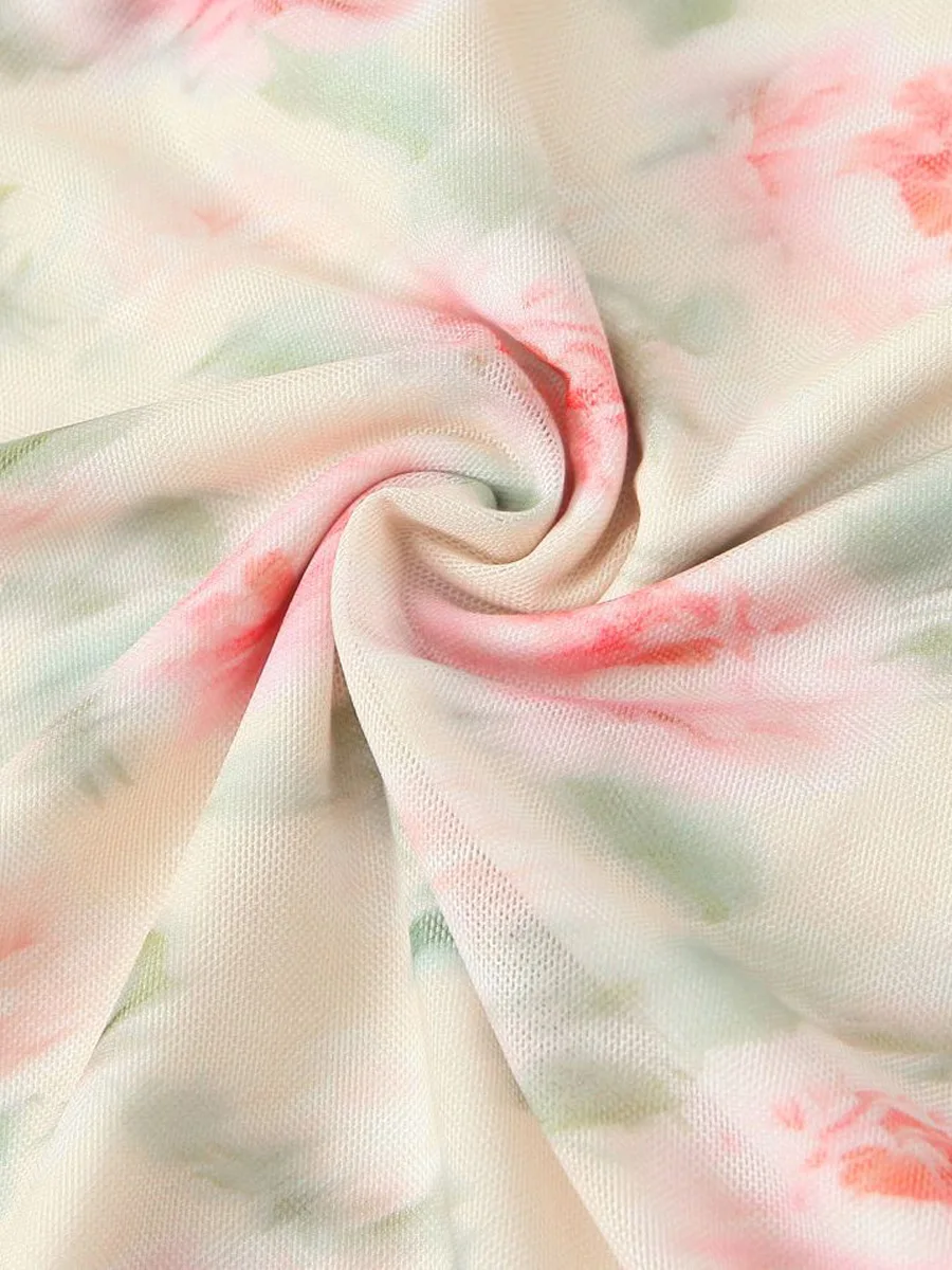 Pink Apricot Print Voile V-Neck Waist Fold Spaghetti Strap Dress Plus Size Women Premium Slim Right Side Hem Slit Long Dresses