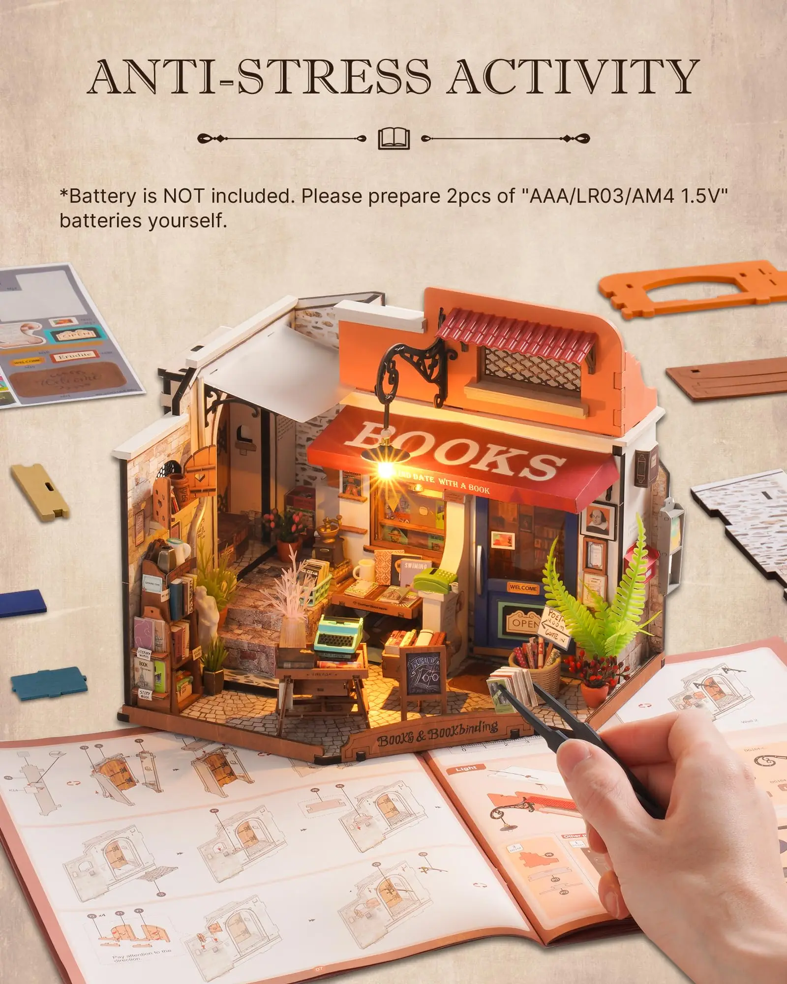 Robotime Rolife Corner Bookstore DIY Miniature House Kit Build Mini House Building Kit with LED Lights Craft Gifts for Kids Girl 4