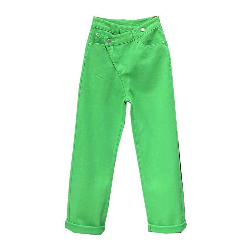 2022 Spring New Asymmetric Dislocation High Waist Straight Pants Slim Fit Green Jeans Women's Denim Trousers Students Jean Pants womens clothing Jeans