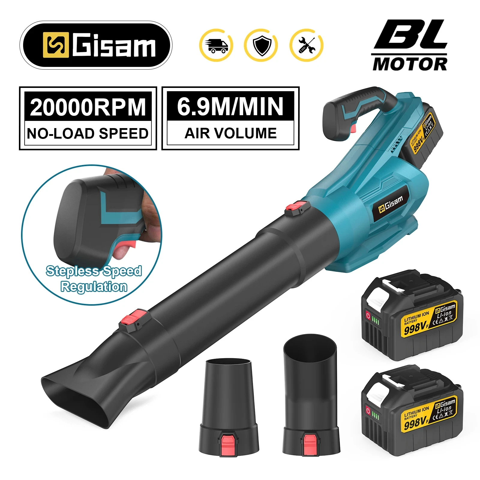 GISAM Gezione Brushless Electric Blower, 2000W cordless leaf blower, snow and dust cleaning tool, compatible with Makita 18V battery pins