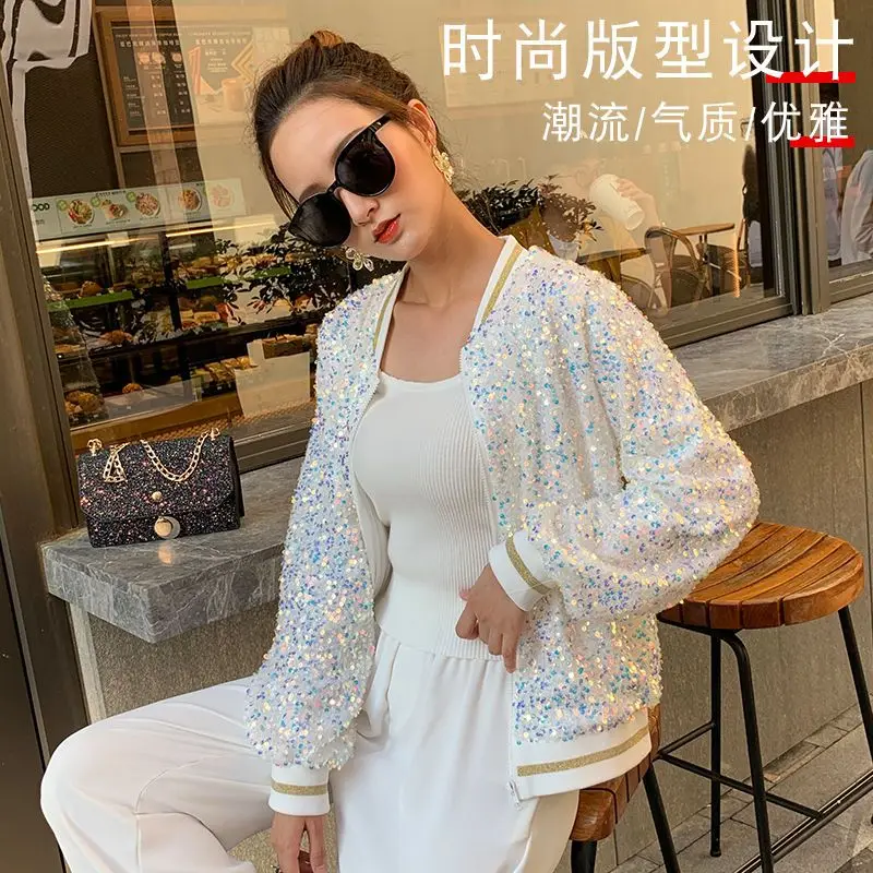 

Short Sequin Jacket Women Harajuku Long Sleeve Casual Baseball Uniform Spring Autumn Fashion Zipper Loose Coat Female