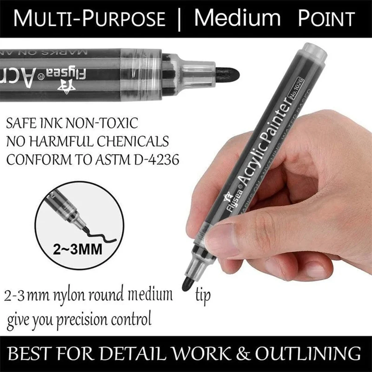 Acrylic Paint Markers 6 PCS 3 Black 3 White for Coloring Painting Graffiti on Most Surfaces Students Art Supplies