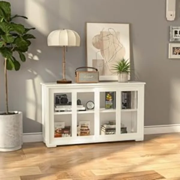 Kitchen Sideboard - Buffet Cabinet with Sliding Slat Doors, Modern Stackable Storage Cabinet