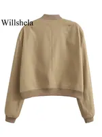 Willshela Women Fashion Solid Bomber Jackets Coat With Pockets V-Neck Single Breasted Long Sleeves Female Chic Lady Outfits - Image 3