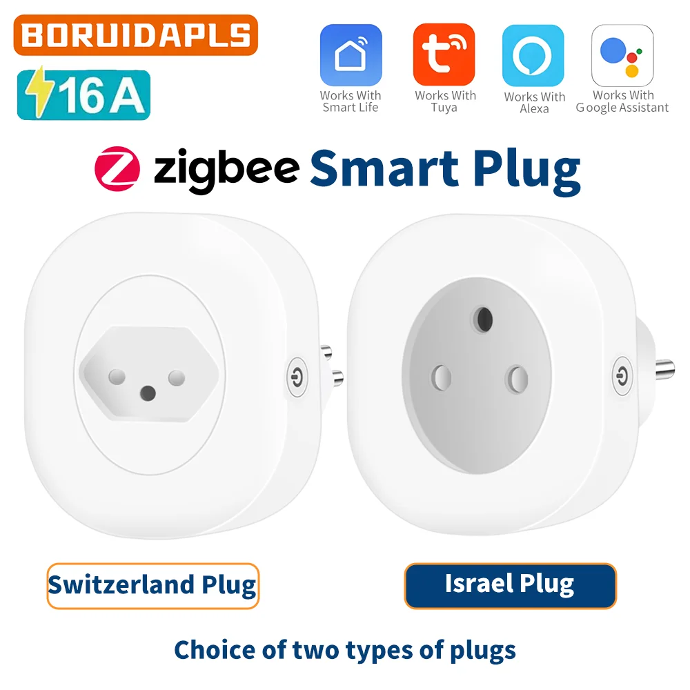 BORUIDAPLS สวิตเซอร์แลนด์อิสราเอลปลั๊ก Tuya ปลั๊กสมาร์ท ZigBee จับเวลาเสียง Google Home Alexa power การตรวจสอบ 16A หลาย PCS ซ็อกเก็ต 1