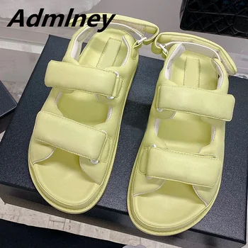 2022 New Arrival Beach Flat Sandal for Woman Open Toe Green Pink Real Leather Thick Sole Holiday Sandal Comfort Platform Shoe 2