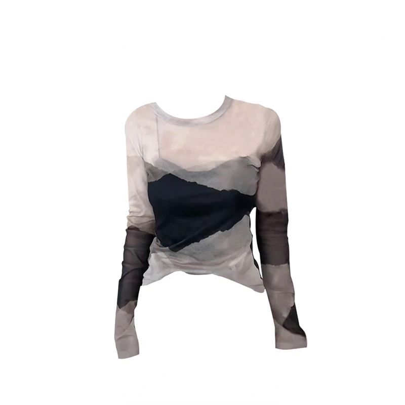 

Y2k Aesthetic See Through Tie Dye Slim T-shirts Casual O Neck Chic Fashion Tops Women Long Sleeve Sexy Roupas Femininas