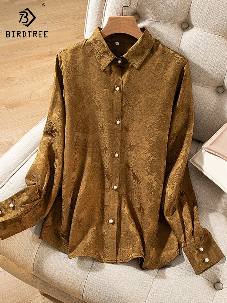 

Birdtree 100%Real Silk Elegant Shirt Jacquard Floral Shirt Women Long Sleeved Simple OL Commuting Blouse 2024 Spring T3D612QC