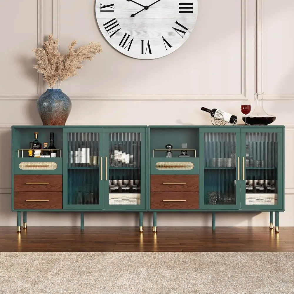 Green 48 Coffee Bar Cabinet with Pull-Out Wine Racks, Storage Drawers, and Serving Sideboard for Kitchen, Dining, and Living Roo