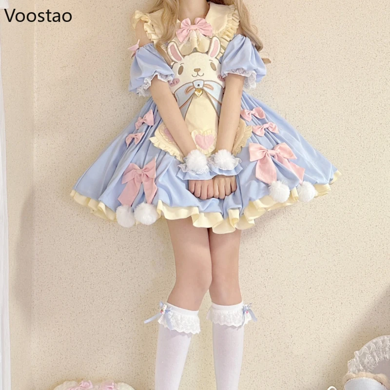 Lolita Dress Japanese Kawaii Lolita OP Dress Women Sweet Cartoon Bunny Bow Princess Party Dress Girls Harajuku Short Sleeve Mini Dress