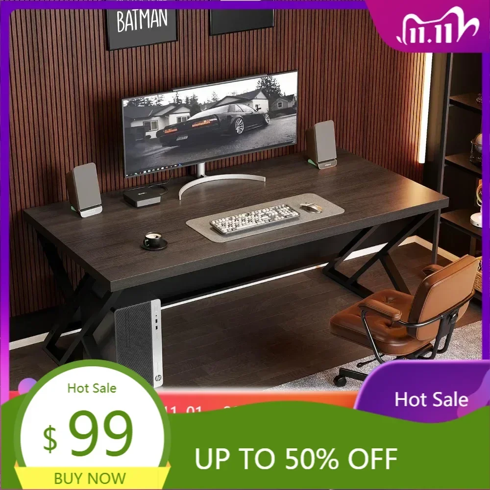 contemporary metal and wood home office desk, industrial style writing table for study and computer use in bedroom, farmhouse in