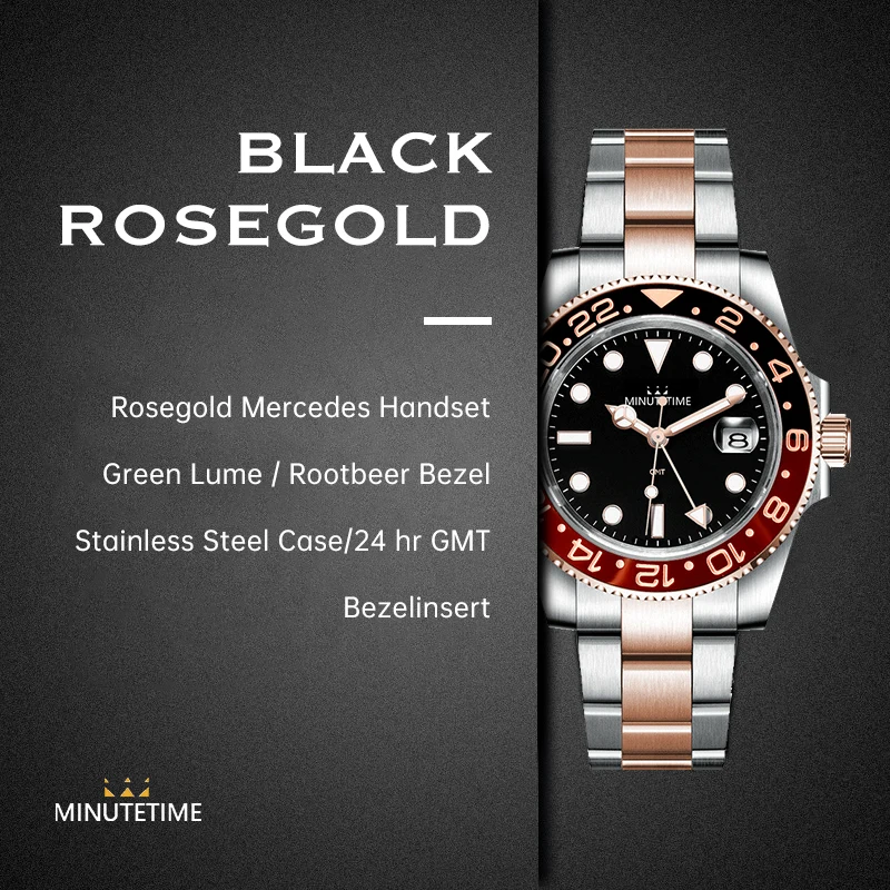 

MINUTETIME Business GMT Two Tone Rosegold Automatic Men Watch Oyster Strap NH34 Movement Rootbeer Ceramic Bezel Deployment Clase