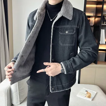 남성용 양모 데님 재킷, 두꺼운 재킷, 데님 패딩 라펠 탑, 캐주얼 플러스 사이즈 재킷, 겨울