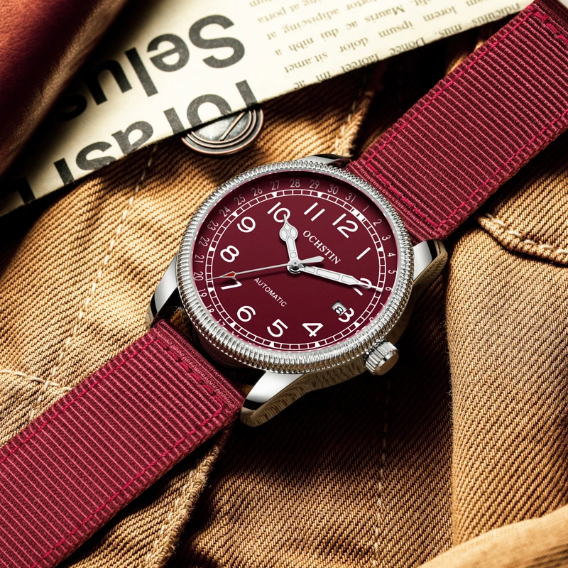 Ochstin Mechanical Men Watch Automatic Watches Man Retro Red Leather Wristwatch Top Brand Luxury Male Fashion Clock