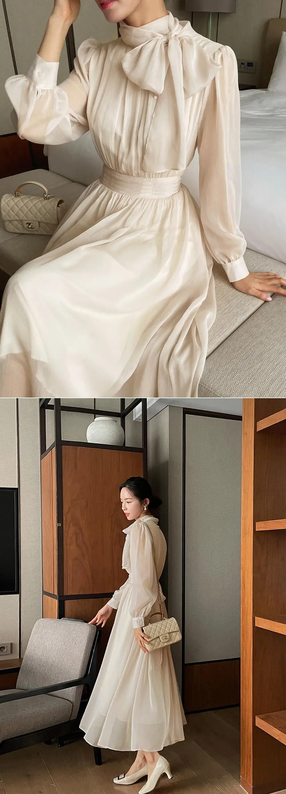 Elegant Midi Dresses for Women Long Sleeves Half High Collar Lace-up A-line Korean Fashion Autumn New One Piece Vestido Mujer