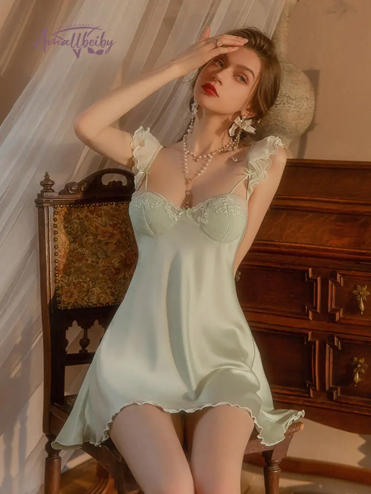 Beauty Back Nightdress Women's Sleepwear Sexy Lingerie Ice Silk Satin Deep V Pajamas Nighties Nightwear Nightshirt Home Clothes women lingerie,women nightgowns,women nightdresses,women pajamas,sleeping dress